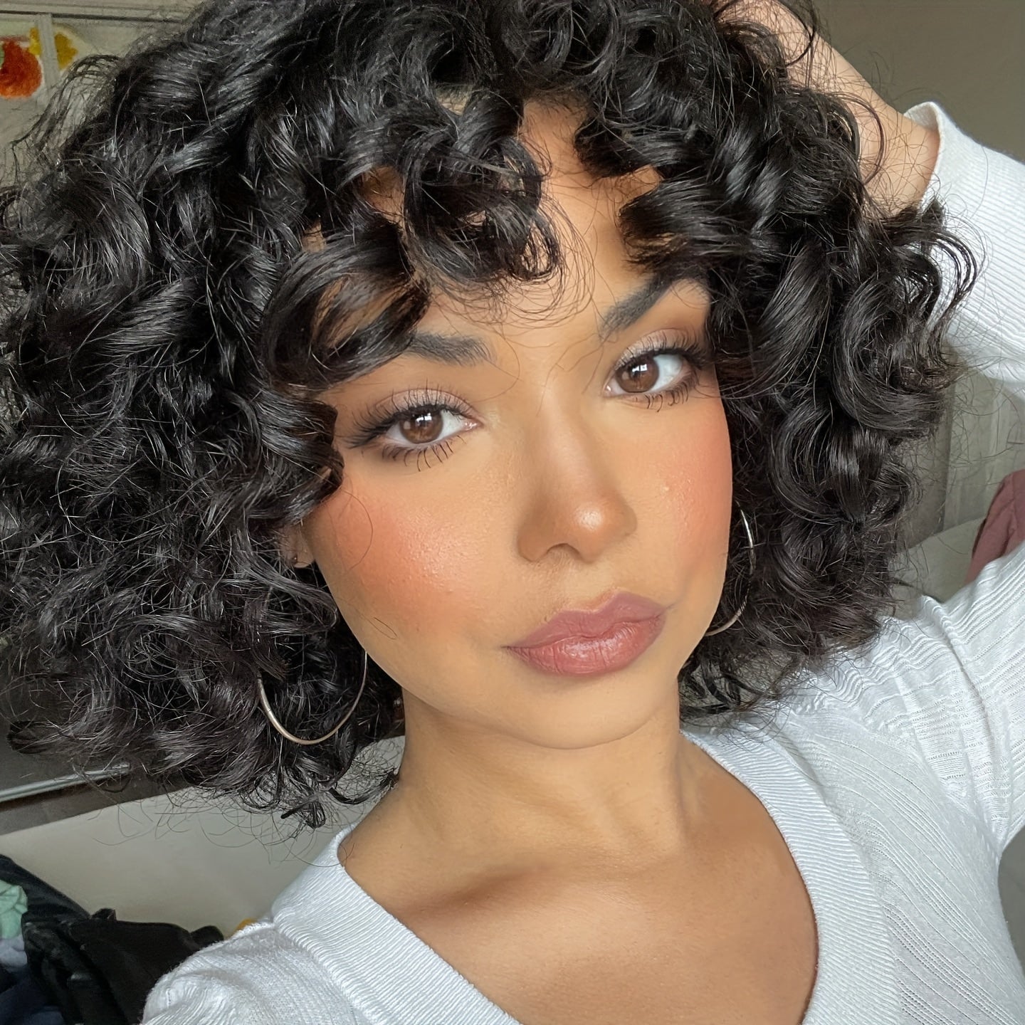 Short Afro Wig with Bangs for 14'' - Kinky Curly Synthetic Hair Wig Suitable for African, Ombre 2-Tone Black/Brown Highlights, Natural Volume & Daily Wear Hair Replacement Wigs