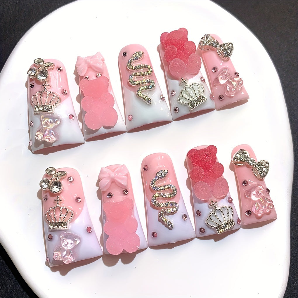 10pcs 1.18inch Long Duckbill Sugar Bear Press-On Nails, Pink And White French Glitter AB Multi-Color Glass Rhinestones, Cute Cartoon And Sparkling End, Handmade Wearable False Nails for Wedding, Party, Back-To-School Gifts