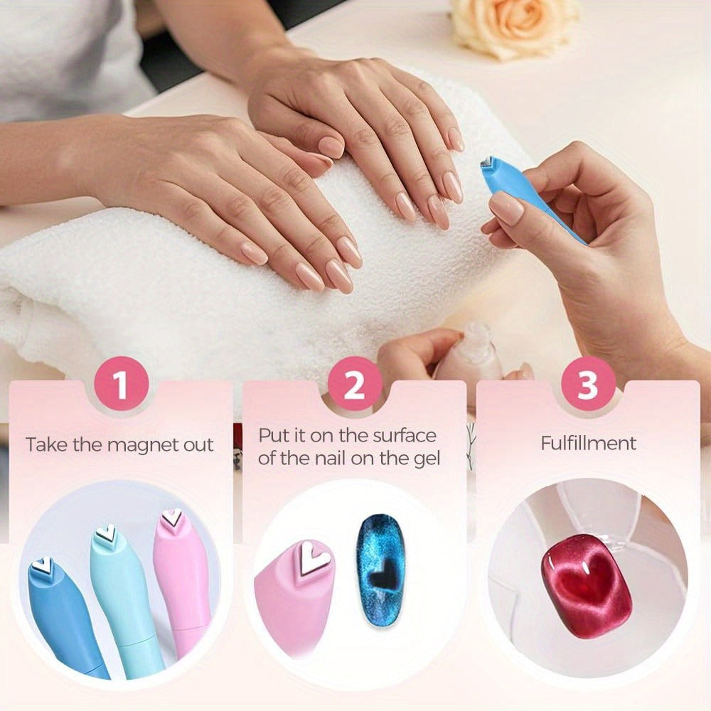 4in 1 Cat Eye Magnet for Nails, Y-Shaped Double Head Cat Eye Gel Nail Polish Magnet, Portable Professional Nail Magnet Stick with Heart Shaped Cat Eye Magnet Tool for Cat Eye Gel Nail Polish, Suitable for Personal DIY, Nail Studio or Nail