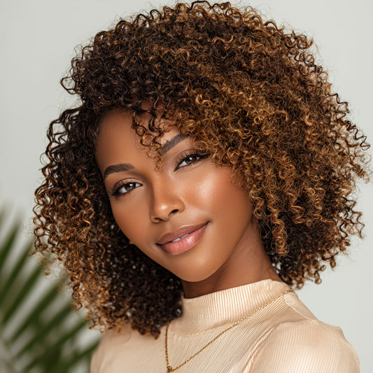 Highlight Short Kinky Curly Human Hair Wigs with Bangs Easy Wear Glueless Wig Brazilian Remy Short Curly Bangs Wig Human Hair for Women