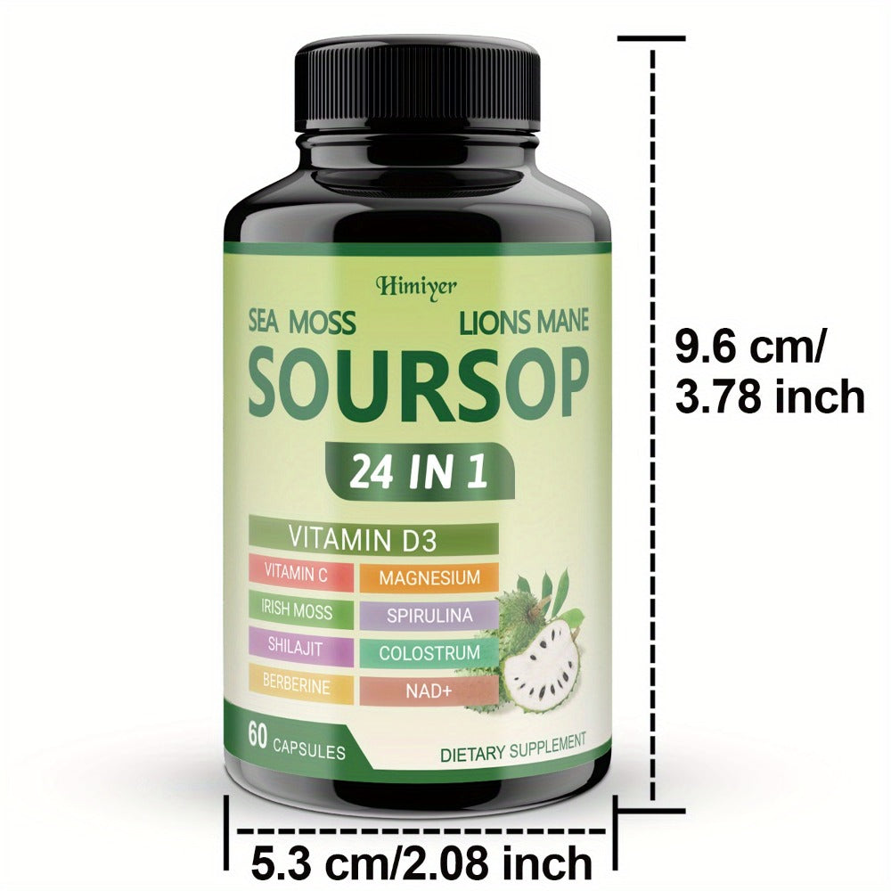 Buy 2 Get 1 Free Soursop Capsules (60 Capsules/Bottle) - 24-in-1 Herbal Supplement with Turmeric, Spirulina, Vitamin D3, Sea Moss & 's Mane-like Bitter Leaf for Immune, Antioxidant, Gut Health & - Dietary