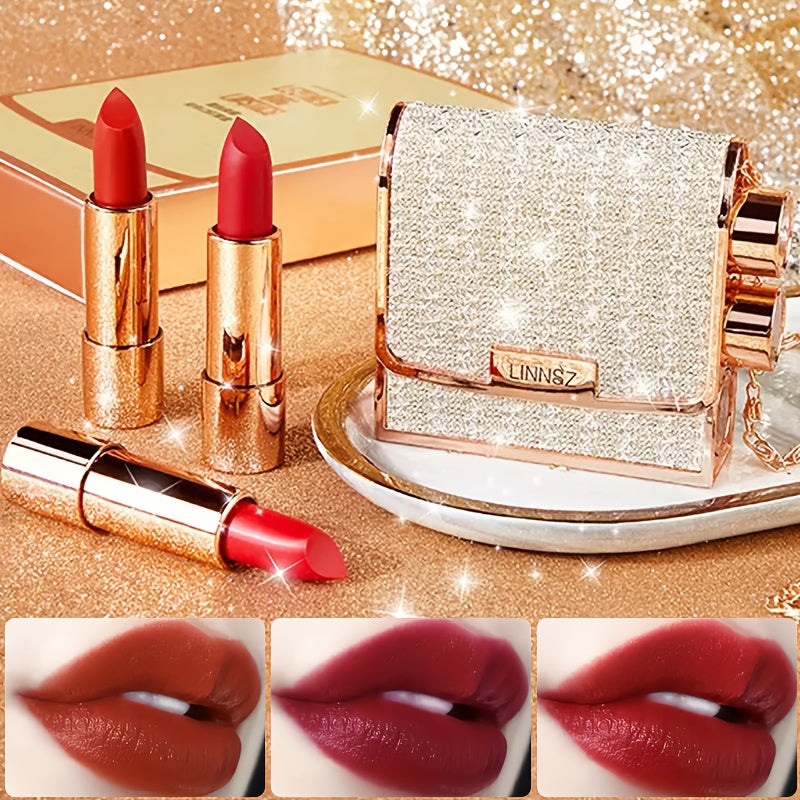 Set of 3 Velvet Matte Lipsticks, Packaged in a Silvery Chain Bag, Featuring Long-Lasting Waterproof And Anti-Fading Properties, Perfect for Mother'S Day, Valentine'S Day, And Other Festive Occasions