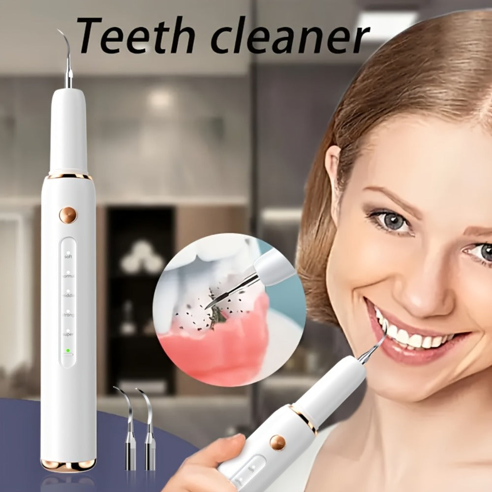 Rechargeable Tooth Cleaner with 5 Speed Modes, IPX6 Splash-Resistant, USB Charging, Mirror And 2 Interchangeable Tips, Tartar Cleaner for Clearing Gaps, Dental Cleaner with LED Light, Dental Cleaner for Stains And Tartar Removal