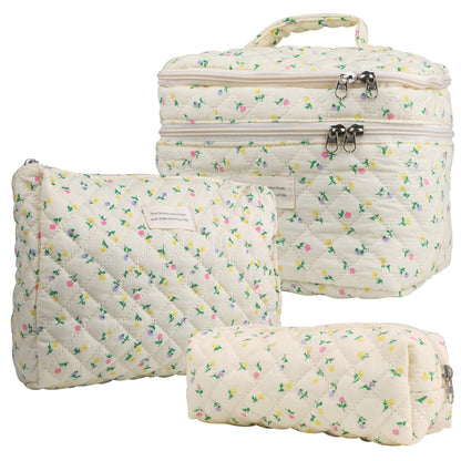 Quilted Floral Makeup Bag Set 3PCS Large Capacity Dual Layer Cotton Cosmetic Bag Coquette Aesthetic Travel Toiletry Bag for Women Girls Blue Rose Pink Floral