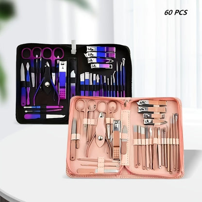 Manicure Set 9 18 30 60pcs Professional Nail Clipper Pedicure Kit Portable Travel Grooming Tools — Cuticle Trimmer Nail File Nail Care Gift Set for Women Girls, Gradient Pink Black Green