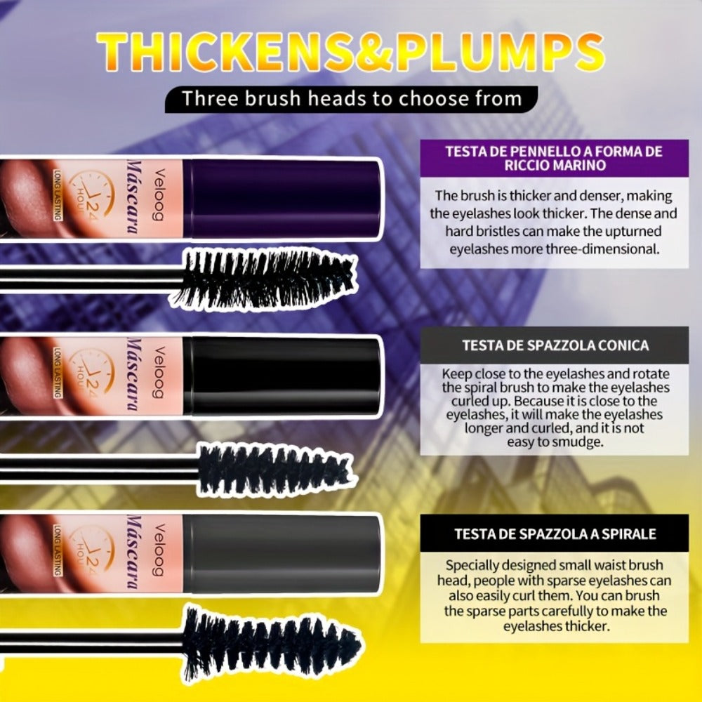 Waterproof Mascara Set 3pcs — Lengthening Volumizing Curling Mascara with 3 Brush Heads (Sea Urchin, Spiral, Conical), Long-Lasting Sweatproof Humidity-Resistant Eye Makeup