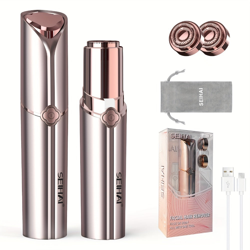 Women's Electric Facial Shaver - USB Rechargeable Hair Remover, Multi-Purpose Epilator for Bikini, Face, Legs, Arms, Underarms - Portable Hair Trimmer, Female Body Shaver, Suitable for Travel, Includes Velvet Storage Pouch + 2 Replacement Heads