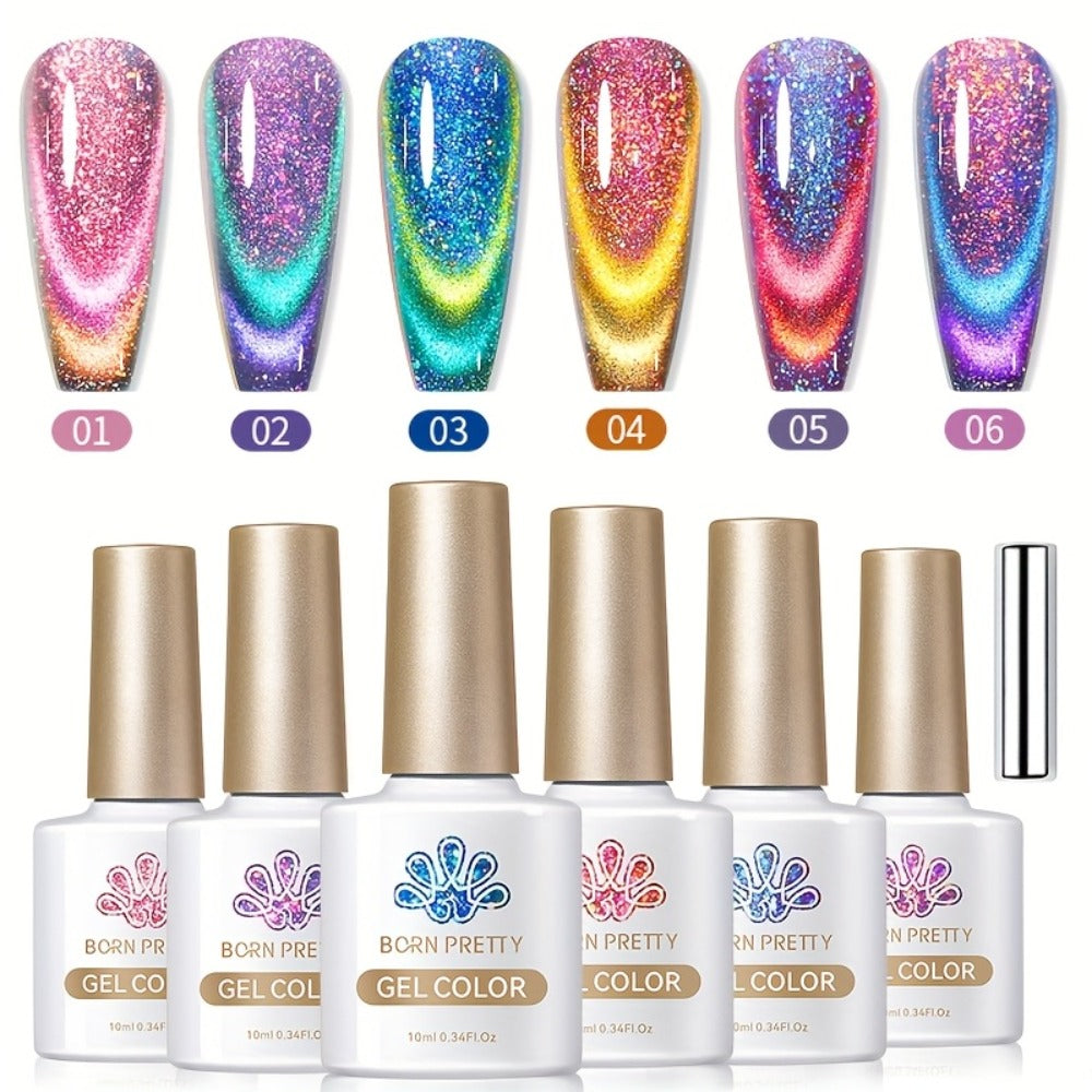 BORN PRETTY 0.34oz 6pcs Double Light Reflective Glass Cat Magnetic Gel Polish for Halloween Party Sparkling Rainbow Color Gel Soak Off