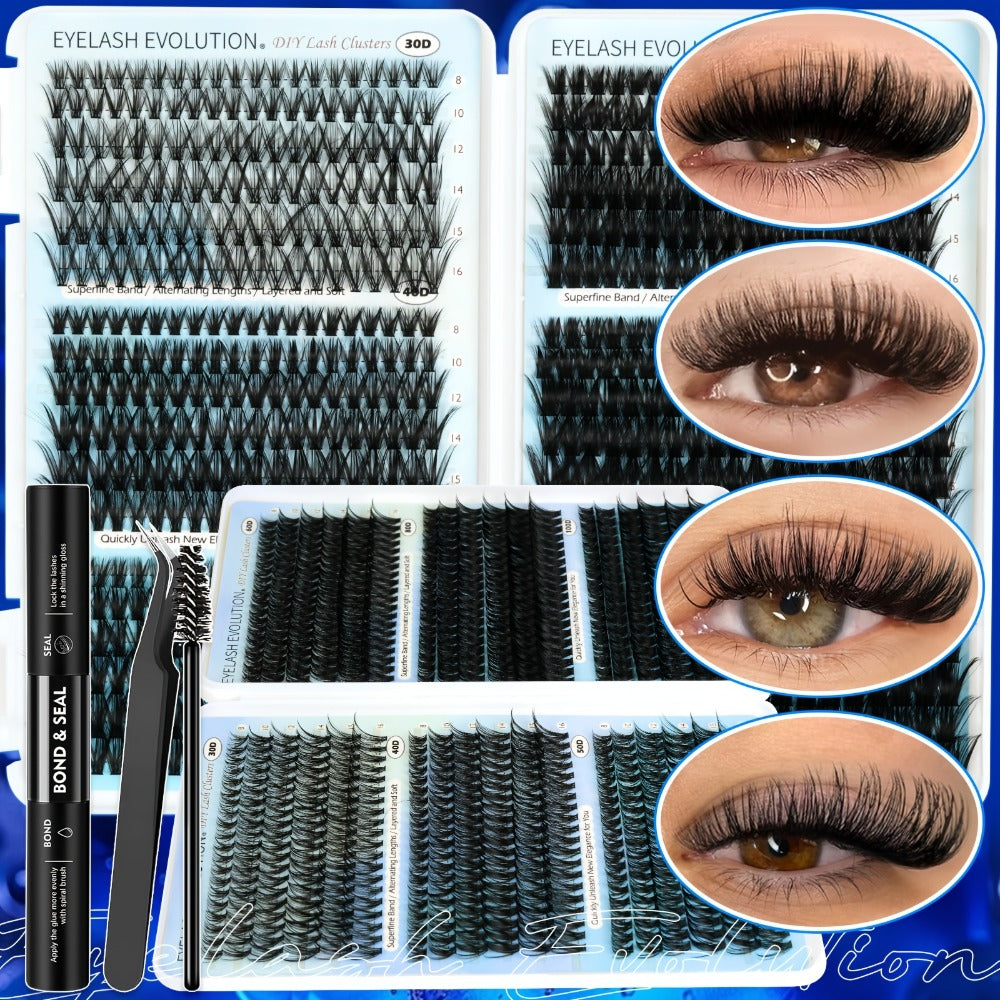 Lash Clusters Kit 720pcs Clusters Lash Extension Kit 30D-100D Eyelash Extensions Kits C Curl Individual Wispy Lashes Cluster Natural Eye Lash Trays With Glue&Tweezers For Beginners