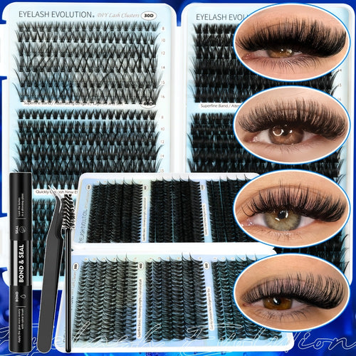 Lash Clusters Kit 720Pcs Individual Eyelash Extensions 30D 50D 80D 100D C Curl Wispy Cluster Lashes with Bond Glue & Tweezers DIY Lash Extension Kit for Beginners Natural Dramatic Eye Look