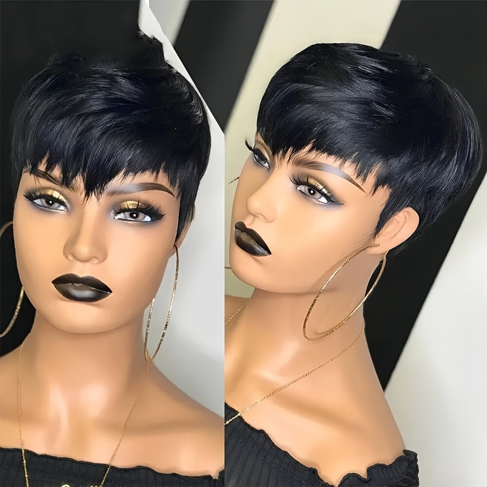 1pc Women'S Short Pixie Cut Wig - 150% Density Brazilian Human Hair, Basics Style Straight, Machine Made Rose Net Cap, Easy to Wear for Beginners