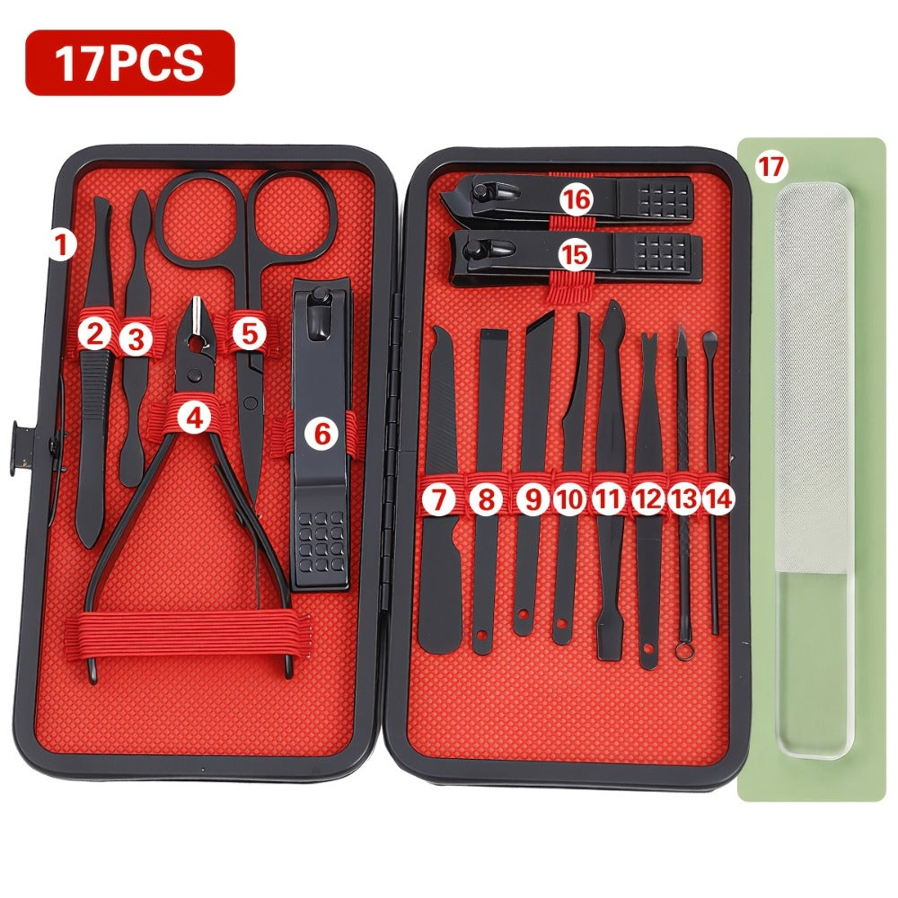 Nail Clipper Set & Pedicure Kit – 10 / 17 / 24 Piece | Stainless Steel Manicure Tools with Nail File, Ear Scoop, Eyebrow Trimmer & Foot Sharpener, Travel Portable Grooming Kit