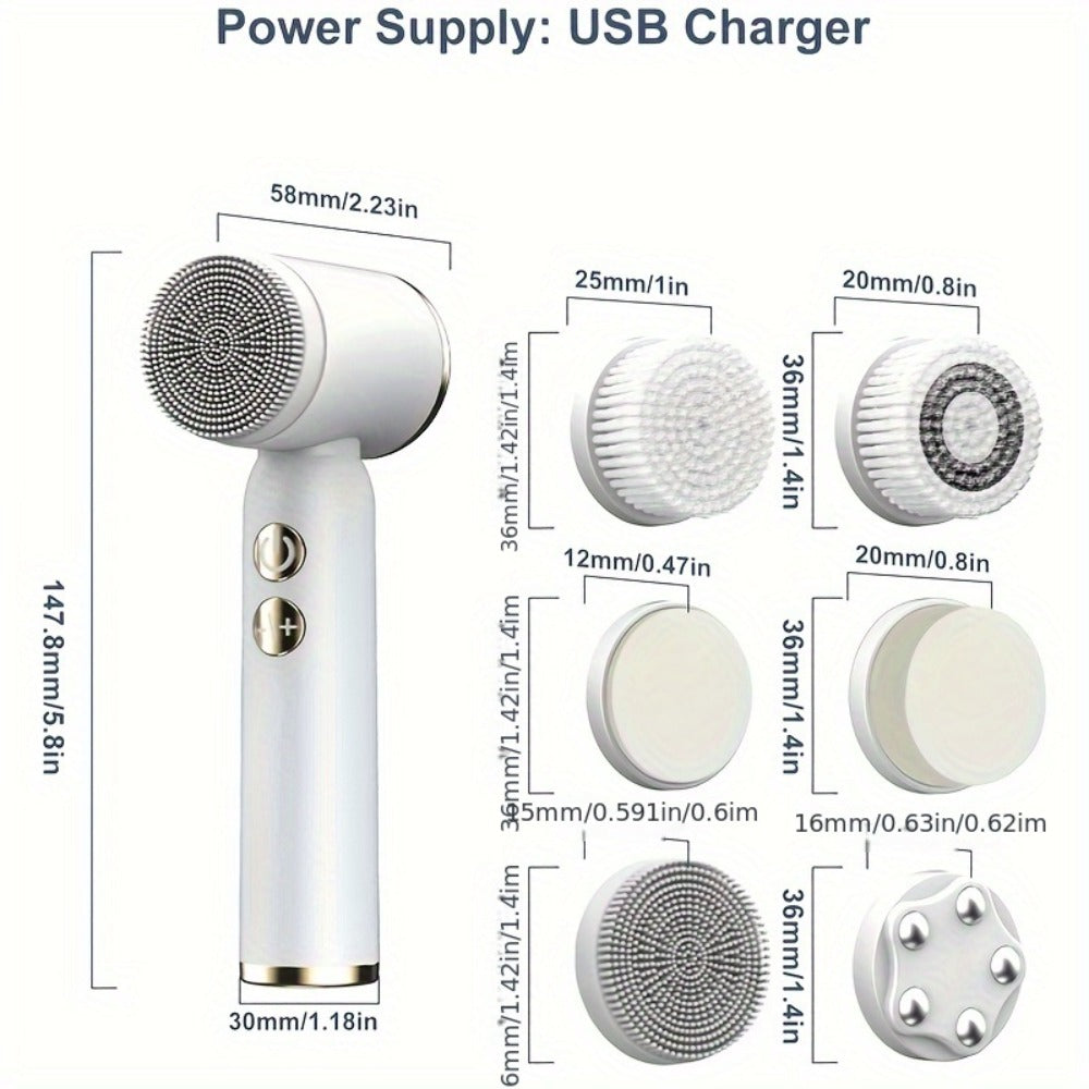 6-In-1 Facial Cleansing Brush, USB Rechargeable Face Scrub Brush for Cleansing, Removing, Exfoliating And Massaging, Gifts for Women, Mother'S Day Gift