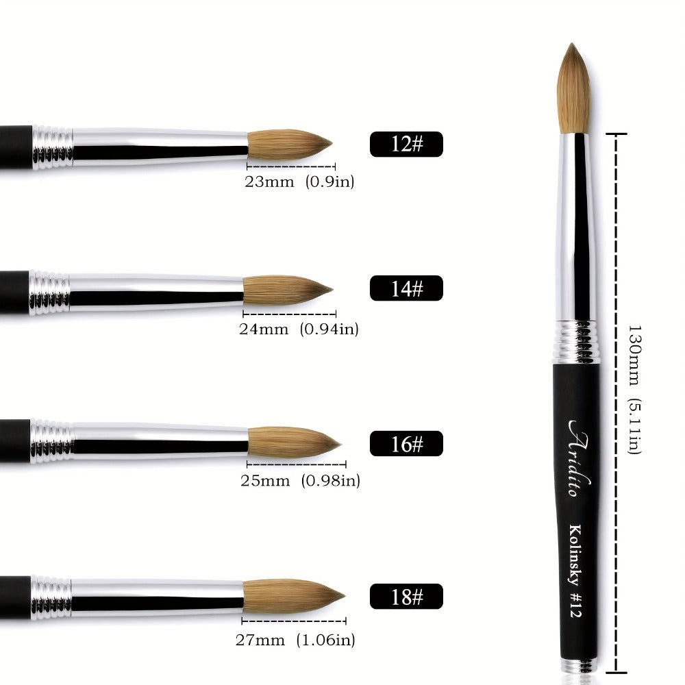 Aridito 100% Pure Kolinsky Round Head Acrylic Nail Art Brush with Black Metal Handle for Professional Manicure And Home Salon (#12 #14 #16 #18)