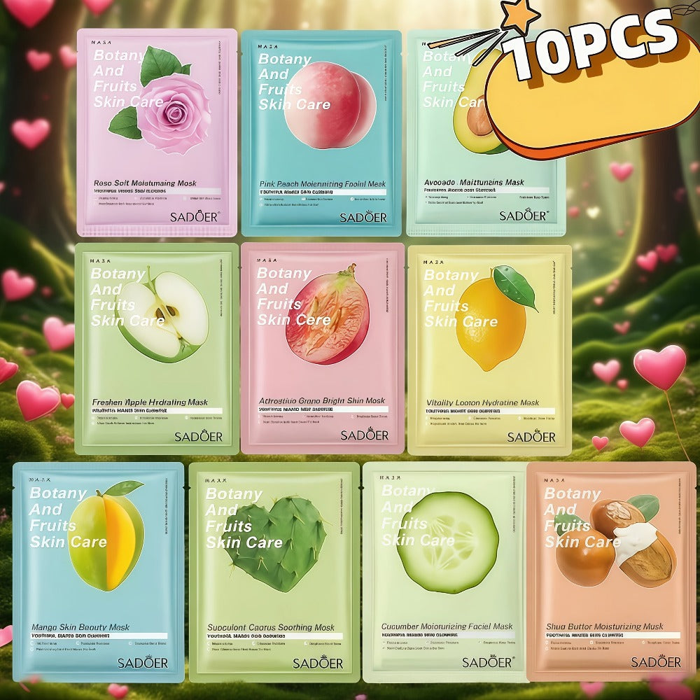 10 Fruit Mask Sheets - Glycerin Moisturizes And Nourishes The Skin, Essence Moisturizing, Mask Sheet for All Skin Types, Travel Essential