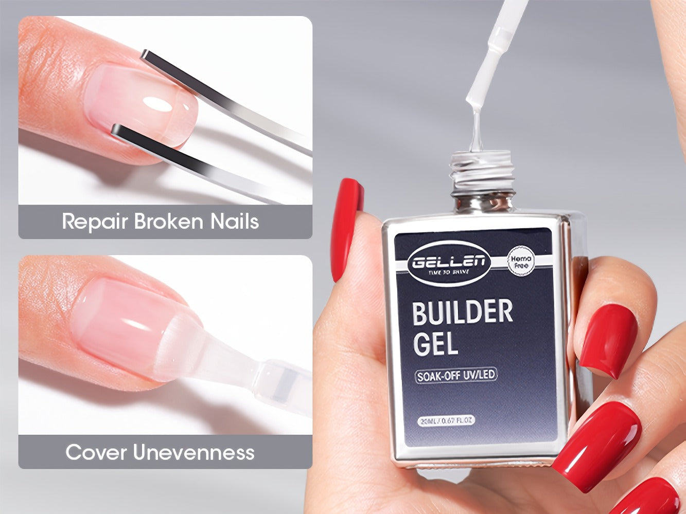 Gellen Clear 5-In-1 Hema-Free Builder Gel for Nails, 0.68oz for Nail Strengthener in a Bottle, for Nail Extension Hard Gel, Soak Off Long-Lasting Light, Base Coat Top Coat Needed