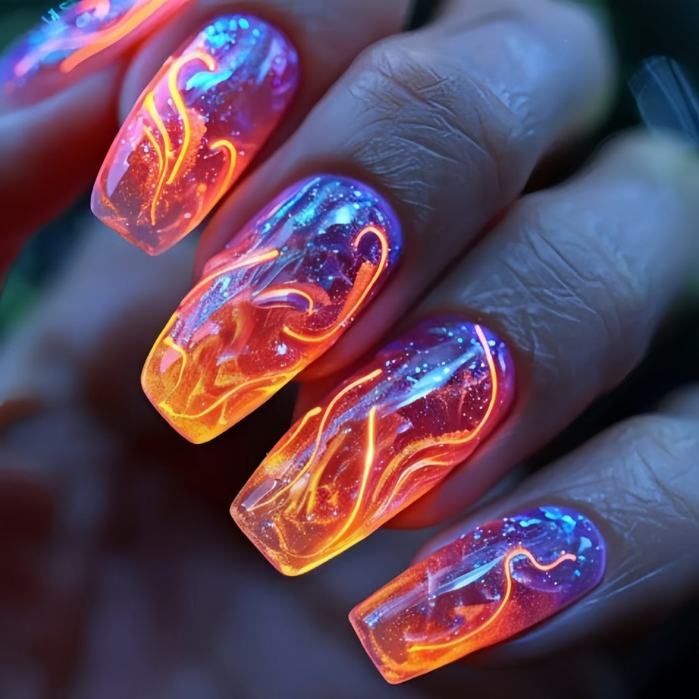 216pcs (9 Sets) of Green Glitter Lightning Press-On Nails - Medium Length, Ballet Shape, Removable Fake Nails Featuring a Striped Design for Hands