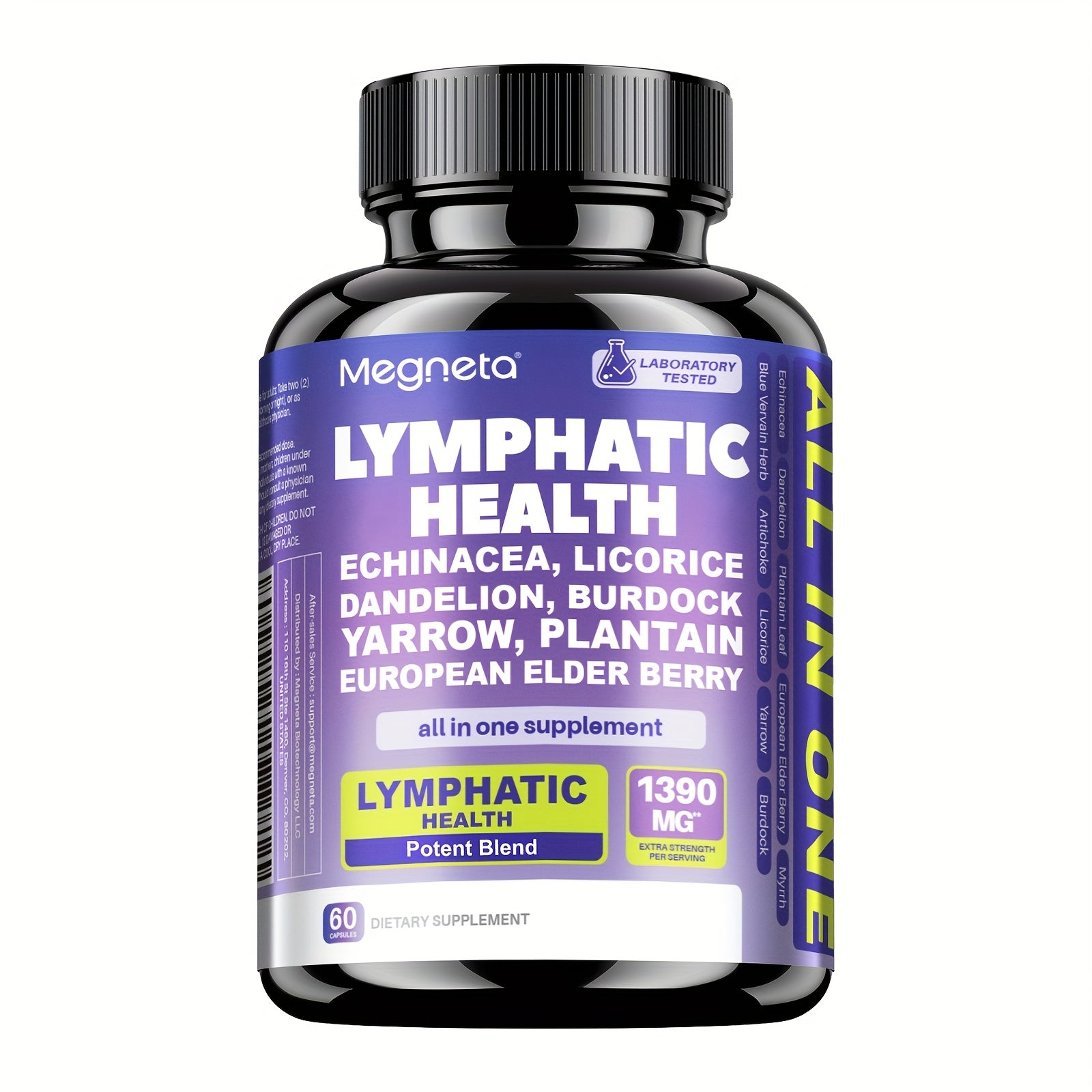 MEGNETA Lymphatic Health Supplement Capsules - Fluid Circulation & Balance, Antioxidant, Liver & Lymph System Health - Herbal Products Echinacea, Dandelion, Elderberry, Plantain Leaf, Blue Vervain, Artichoke, Burdock Supplement - 30 Servings