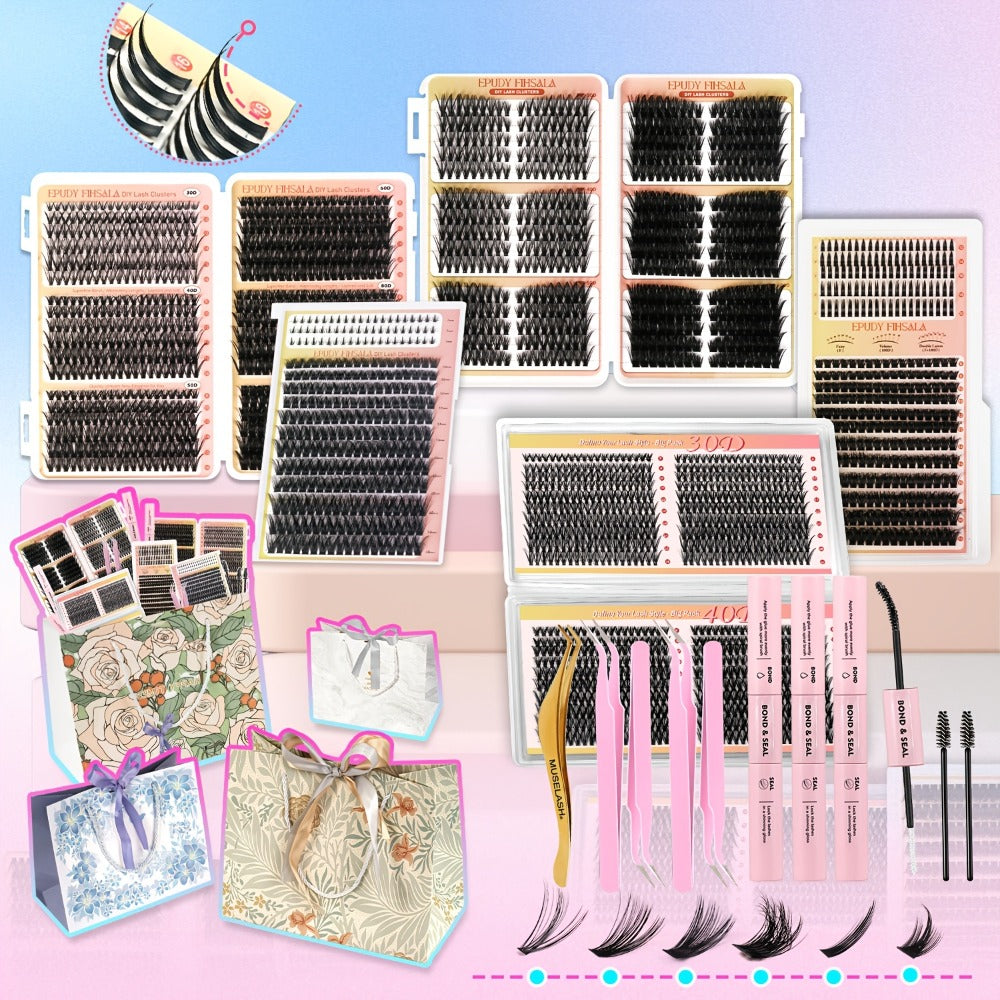 272pcs/5 Boxes Mixed Length Lash Clusters Kit Gift Set, 30D-100D Volume Cluster Lashes with Tweezers & Mascara Wands, Soft Fluffy Eyelash Clusters for Natural Or Glam Look, Perfect Gifts for Her & Mom