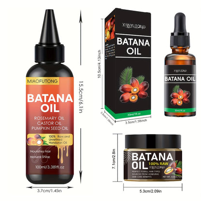 Batana Oil Hair Care Set 3PCS - Honduras Pure Cold-Pressed Batana Hair Oil, Cream & Essential Oil for Dry Hair, Scalp Moisturizer, Anti-Breakage, Split End Repair, All Hair Textures