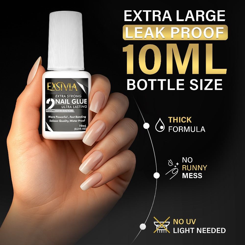 Super Strong Nail Glue for Press On Nails, Acrylic Nails & Nail Tips Exsivia 2nd Gen NailBond for Fake Nails, Extra Strength,Long Lasting, Brush on Adhesive, No Dehydrator or Primer Needed