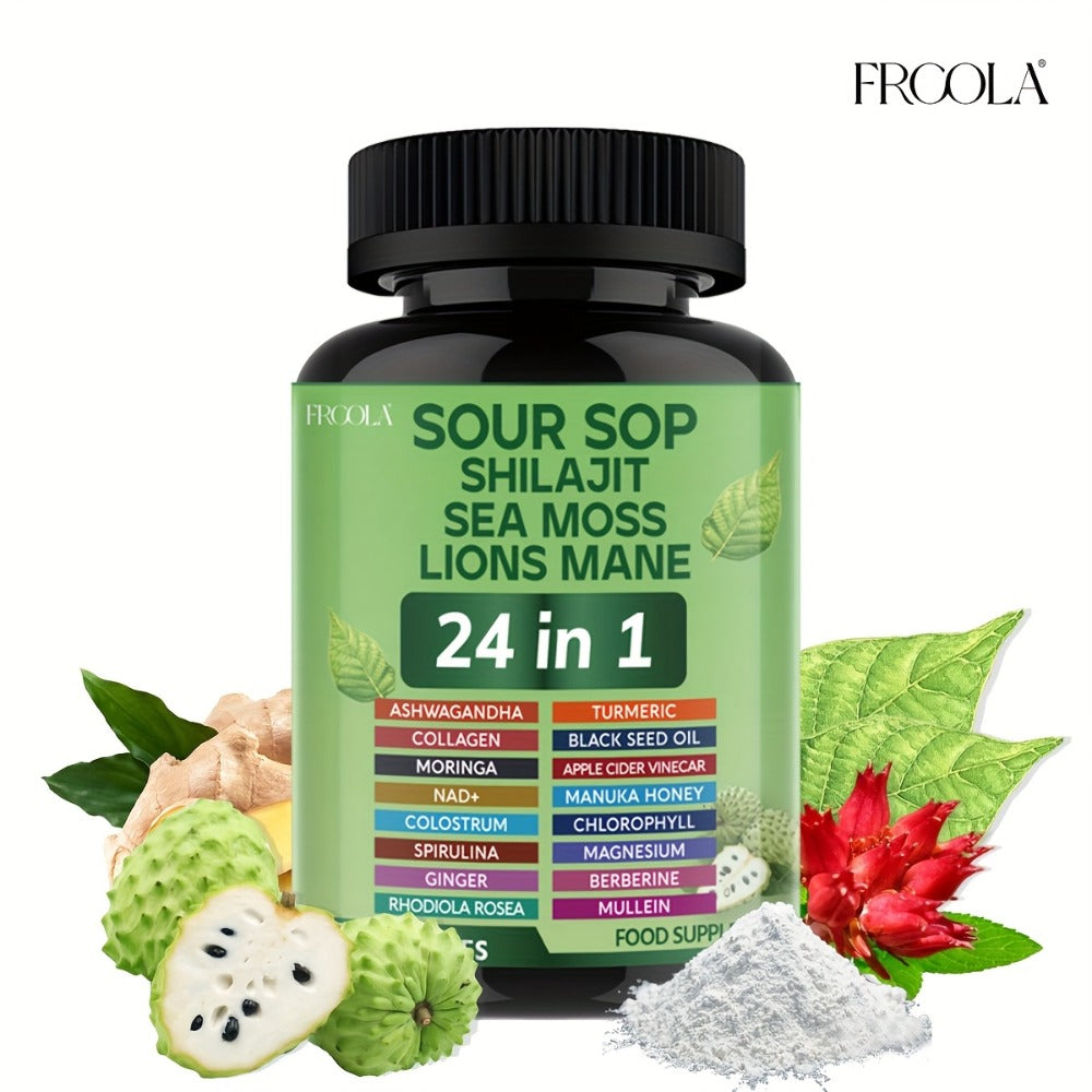 [Natural Supplement] Soursop Capsules [ 24-In-1 ] - Natural Supplement With Sea Moss, Shilajit, Lions Mane, Black Seed Oil, Chlorophyll & Turmeric - Gluten-Free, Formula For Immune & Liver Health, Daily Wellness Supplement | Herbal Label Design | Natural