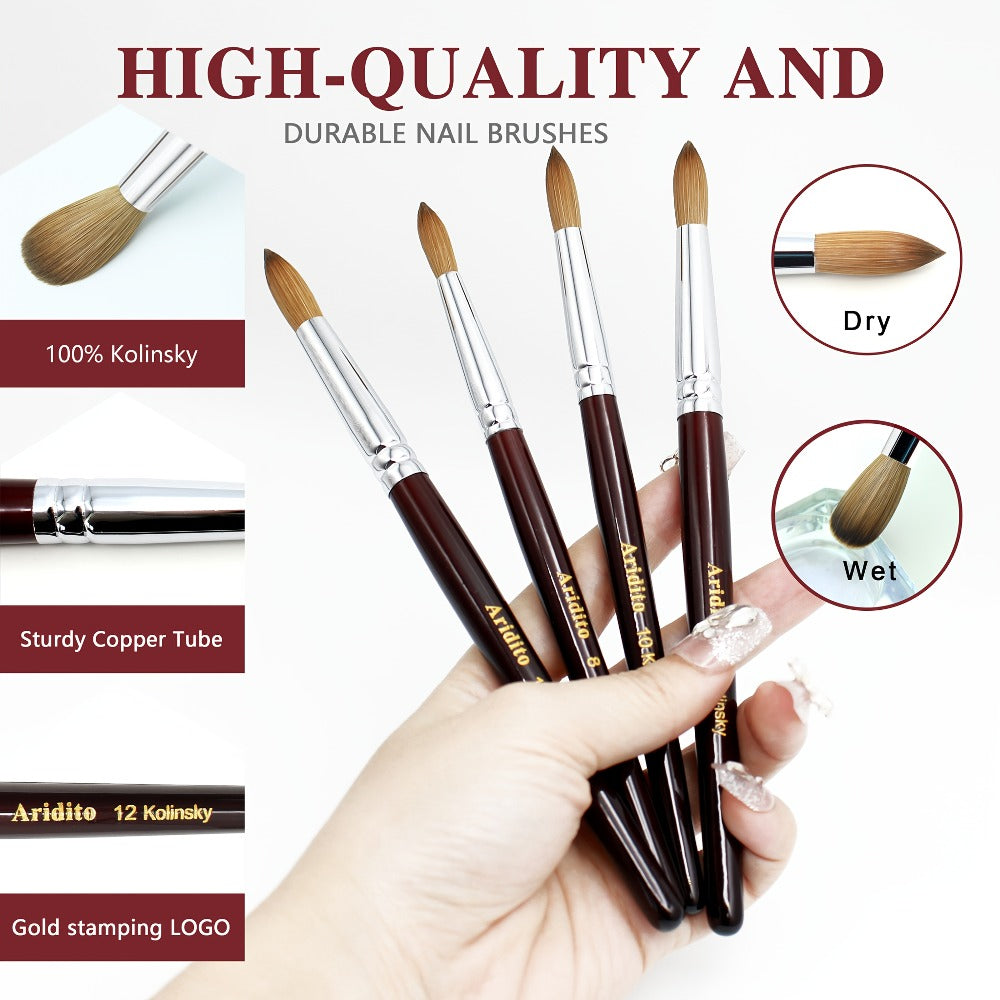 Aridito Round Head Kolinsky Acrylic Nail Art Brush Red Wine Color Wooden Handle for Professional Manicure Home Salon (Size 8 10 12 14)