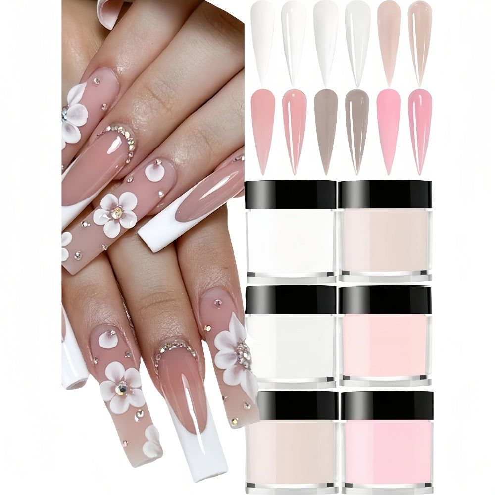 Set of 6 Acrylic Powders in Nude, Pink, And White, Featuring a High-Gloss End. Ideal for Nail Art, This Kit Includes 6 Colors for 3D Nail Sculptures, French Nail Extensions, And Carving. A Professional Polymer Acrylic Nail Art Kit
