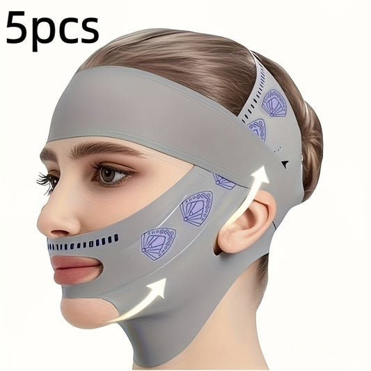 5pcs Gray Or Pink 2-Pack Combo (V-Line Face Lift Belt And Forehead Lift Belt), Refreshing Lifting Mask for Day And Night Use, Unisex Design. V-Line Mask with Nasolabial Fold Band, Facial Contouring Lifting Mask, Premium Sleep V-Line Shaping Bandage