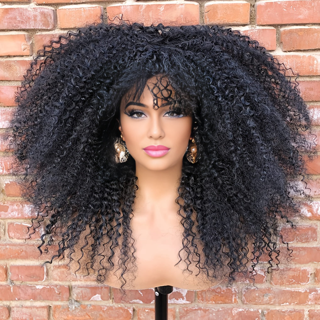 Afro Bomb Curly Wig with Bangs Synthetic Fiber Glueless Long Kinky Curly Hair Wigs, Machine Made Glueless Heat Resistant Synthetic African Wig Ombre Blonde Mixed Color Afro Wigs with Highlight Brown Blonde Red Black Color for Choice