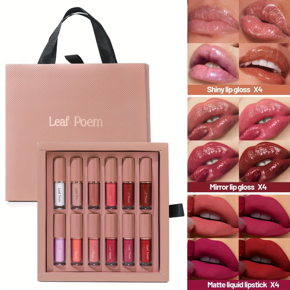 12pcs Set Of Mirror Matte Lip Gloss Set, Long-lasting Waterproof Lip Gloss, Velvet Matte Texture Lipstick, Long-lasting Beauty Solution, Perfect Gift