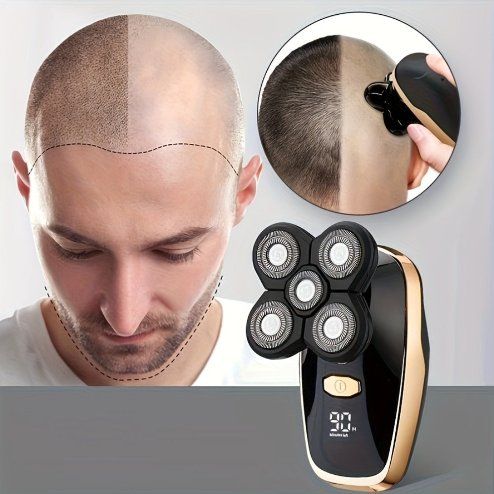 5-in-1 Premium Electric Shaver Kit for Men - Wet/Dry Rotary Shaver with Digital Display/ No Display Function for Bald Head, Beard, Nose, Ear, Body Grooming with Rechargeable Cordless Design, Face Cleaning Brush, And Travel Bag - Ideal Gifts for Him