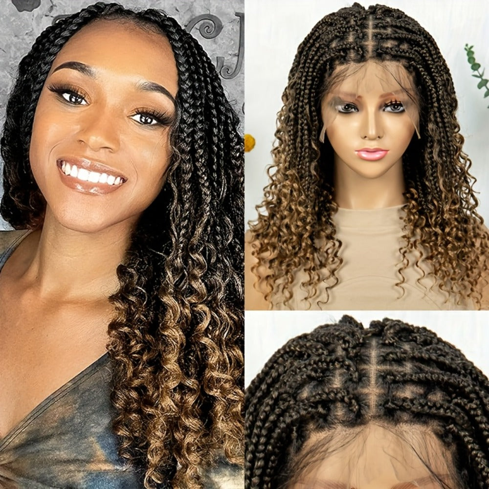 Goddess Braided Wig Knotless Bohemian Square Braid Full Lace Curly Wave Synthetic Wig Women 14-16 Inch Black Burgundy Brown Natural Hairline Protective Style
