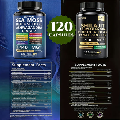 Sea Moss Shilajit Capsules with Black Seed Oil Ashwagandha Ginger Rhodiola Rosea Panax Ginseng Energy Immunity Adaptogen Supplement 240 or 480 Capsules