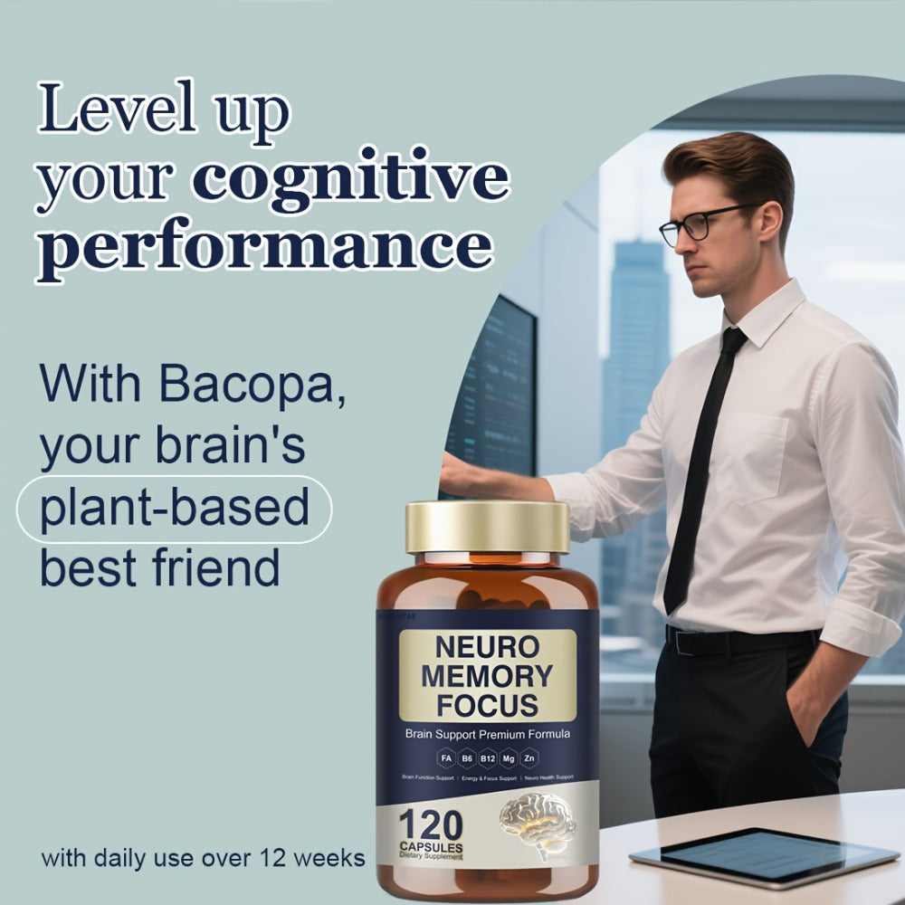 1/2/3pcs - Cognitive Brain Supplement for Memory & Focus-120 Capsules - Mental Clarity, Focus & Neuro Protection - Nootropic Blend with L-Tyrosine, Ginkgo Biloba, Bacopa Monnieri & Alpha GPC- Gluten Free - for Men & Women
