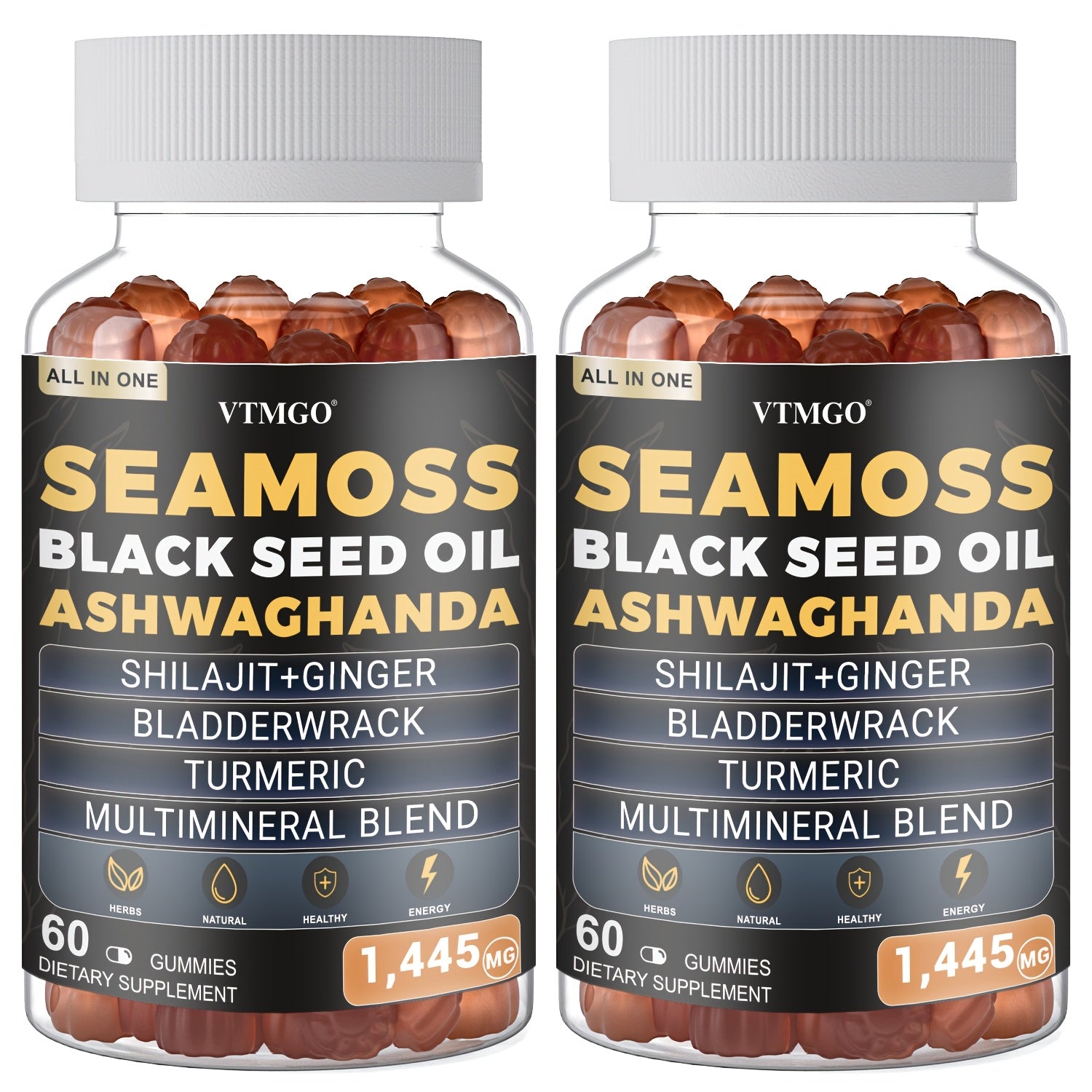 (1/2/3 Bottles)-Sea Moss&Shilajit, Black Seed Oil, Ashwagandha, Ginger, Gummies With Elderberry, Chlorophyll, Turmeric, Bladderwrack 1445Mg, Health, Natural, Antioxidant, Happiness, . 60 Gummies