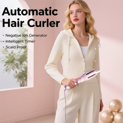 Automatic Rotating Curling Iron 4 Temperature Settings Negative Ion Ceramic Barrel Anti-Tangle Auto Shut-Off Dual Voltage 110-240V Fast Heat 30s Beginner-Friendly Gift for Women