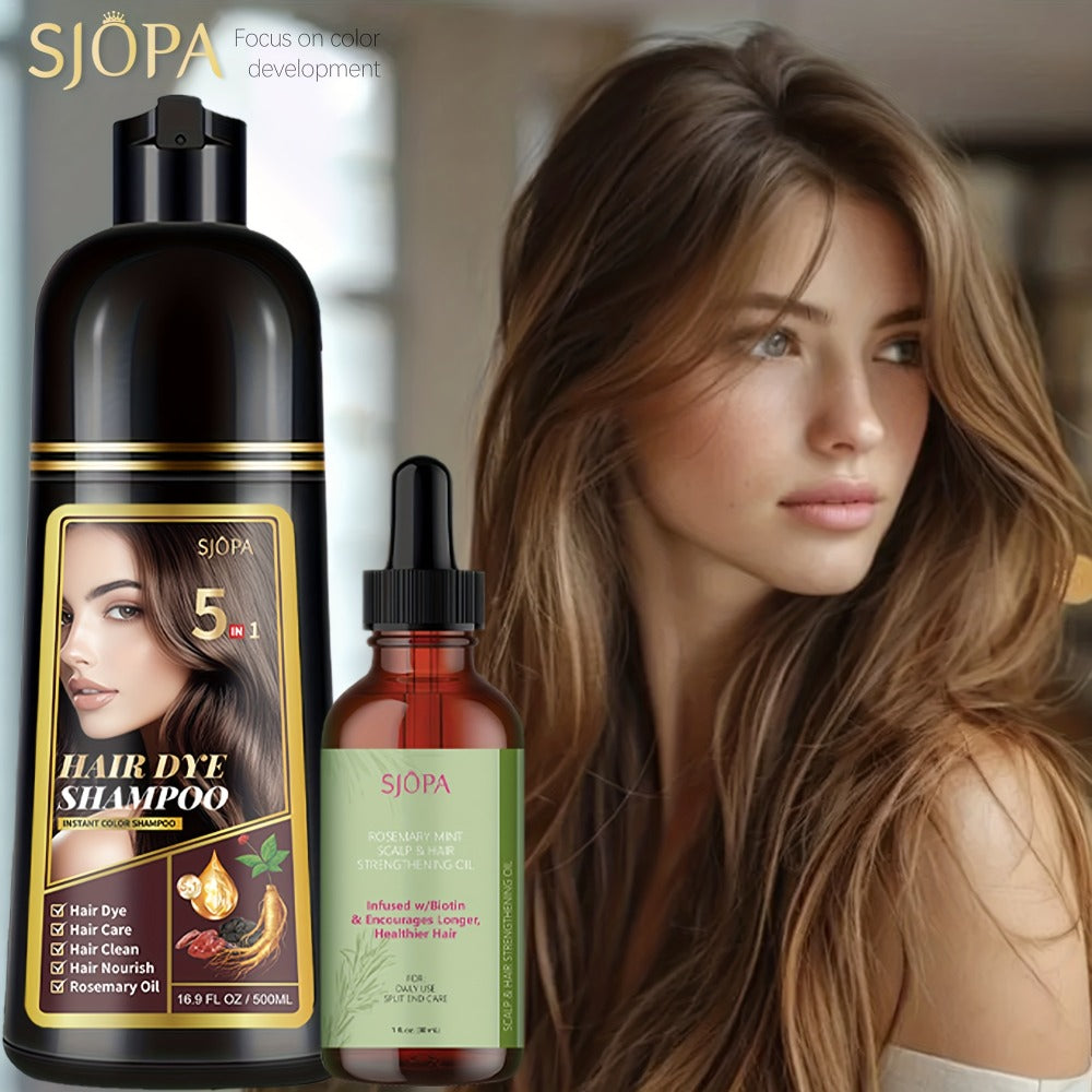 Hair Coloring Shampoo with Rosemary Hair Oil Gift Set — 5-in-1 Color & Care Formula, Moisturizing Glycerin, Gentle Non-Irritating, 16.91 oz Shampoo + Rosemary Oil, 12 Shades Available