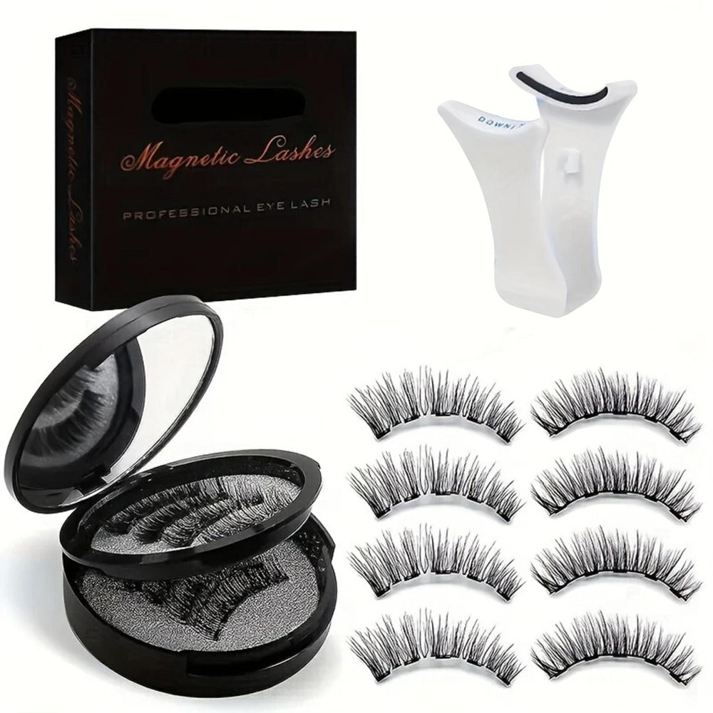 8pcs Natural Glue-3D False Eyelashes(One Box)- Reusable Double Magnetic False Eyelashes Set with Clips, Reusable, Waterproof, Glue, Easy to Wear, Women