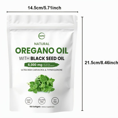 Oregano Oil Softgels with Black Seed Oil | High Carvacrol & Thymoquinone | Plant-Based Antioxidant & Immune Seasonal Wellness Support Supplement | 150 Softgels