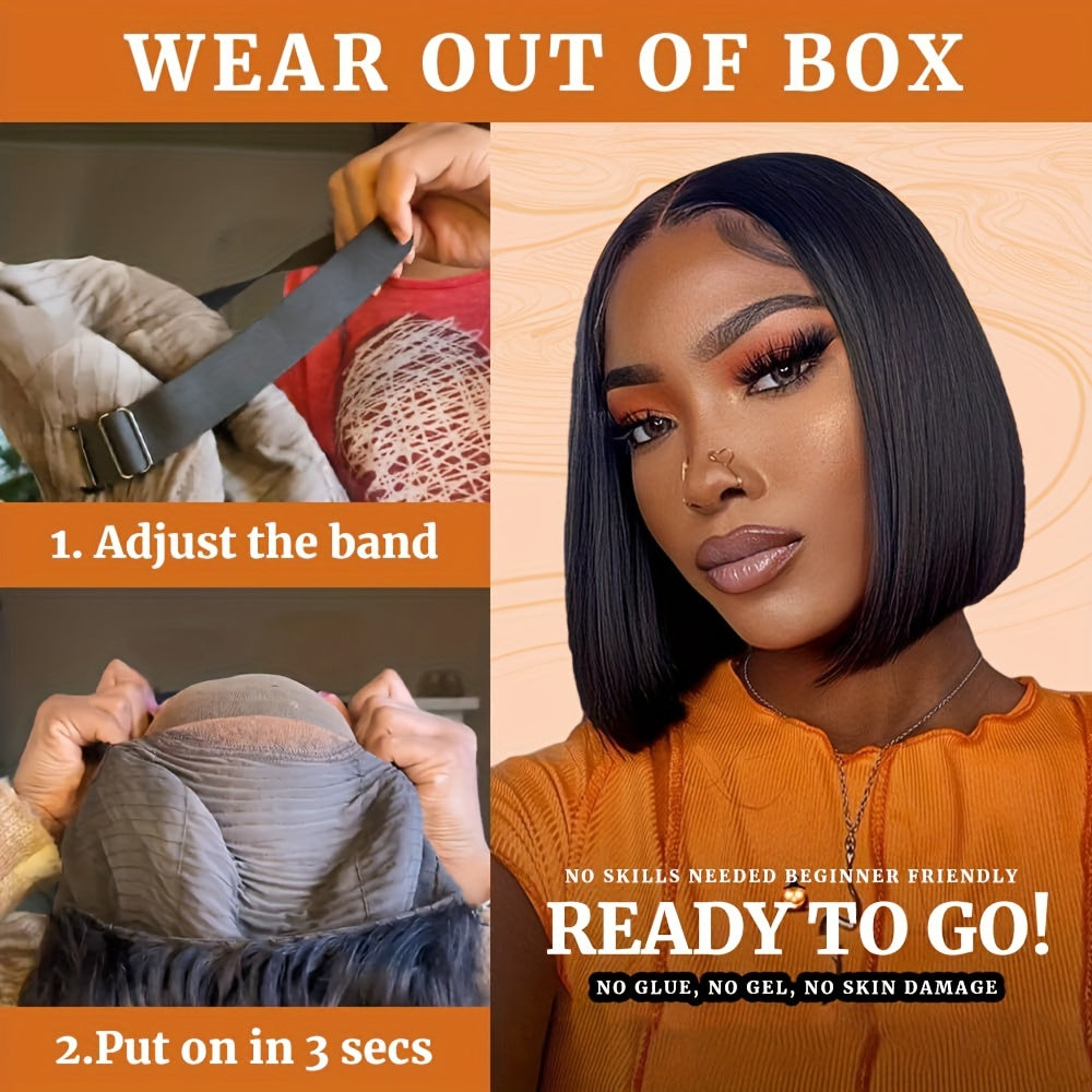 Wigs for Women Made of Human Hair, Featuring a Glueless Straight Bob Design with 4X4 HD Lace And 250% Density. These Wigs Are Easy to Wear, Pre-Plucked, And Have Pre-Cut Lace, Making Them Perfect for Daily Use, Parties, Music Festivals