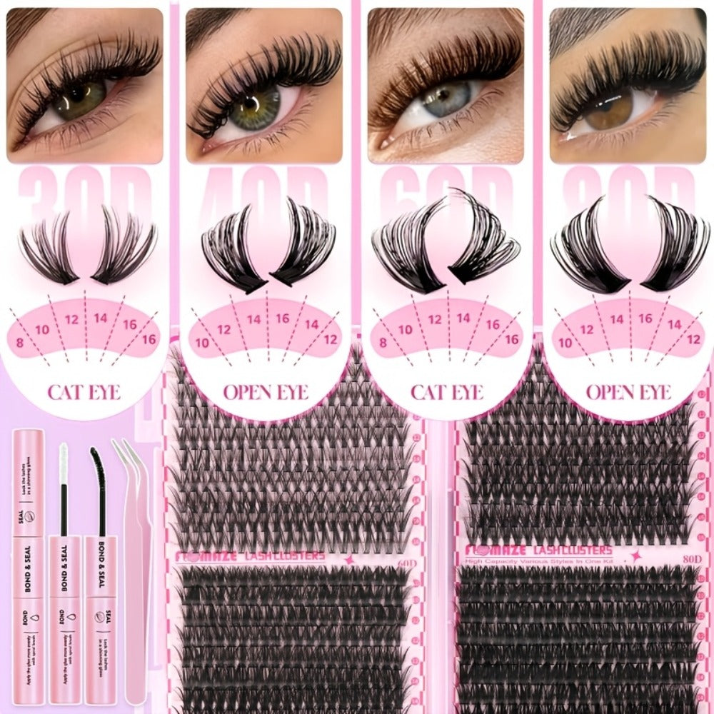 Lash Clusters Kit Wispy Volume Eyelash Extensions Mega Volume Cluster Lashes Mixed Length 800pcs-30D40D60D80D Volume Styles Kit With Bond Seal & Applicator Romantic For Prom Glam Lashes Party Lashes For Long Lasting Prom Look