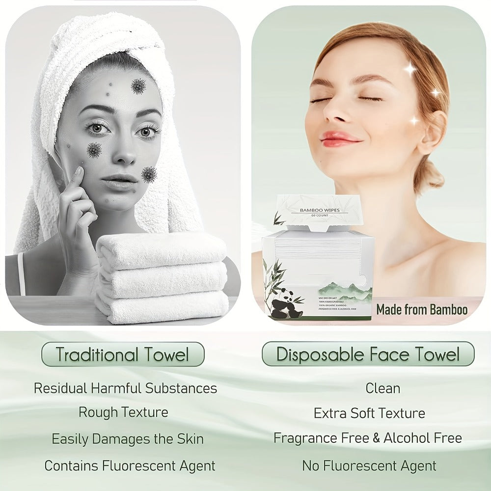 Disposable Bamboo Viscose Fiber Facial Towels, Extra Thick and Soft Cleansing Face Towels, Suitable for Sensitive Skin, Makeup Removal, Cleansing, Care, Travel, 10x12 Inches, 60 Sheets/Box, White