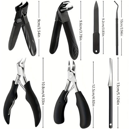 Toenail Clipper Set 7pcs Heavy Duty for Seniors - Angled Curved Stainless Steel Blades Splash Guard Long Handle Nail File Pedicure Tool Kit
