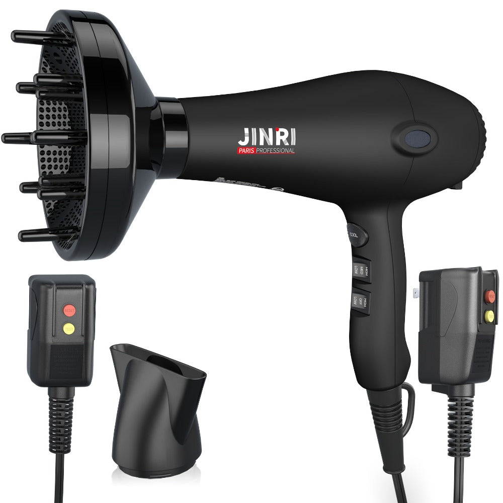 JINRI Professional Salon Ionic Hair Dryer with Diffuser & Concentrator Attachments, Ideal for Curly Hair - Black, 1875W, Non-Folding Handle, 1. 196.85inch-118.11inch Adjustable Cord, US Plug