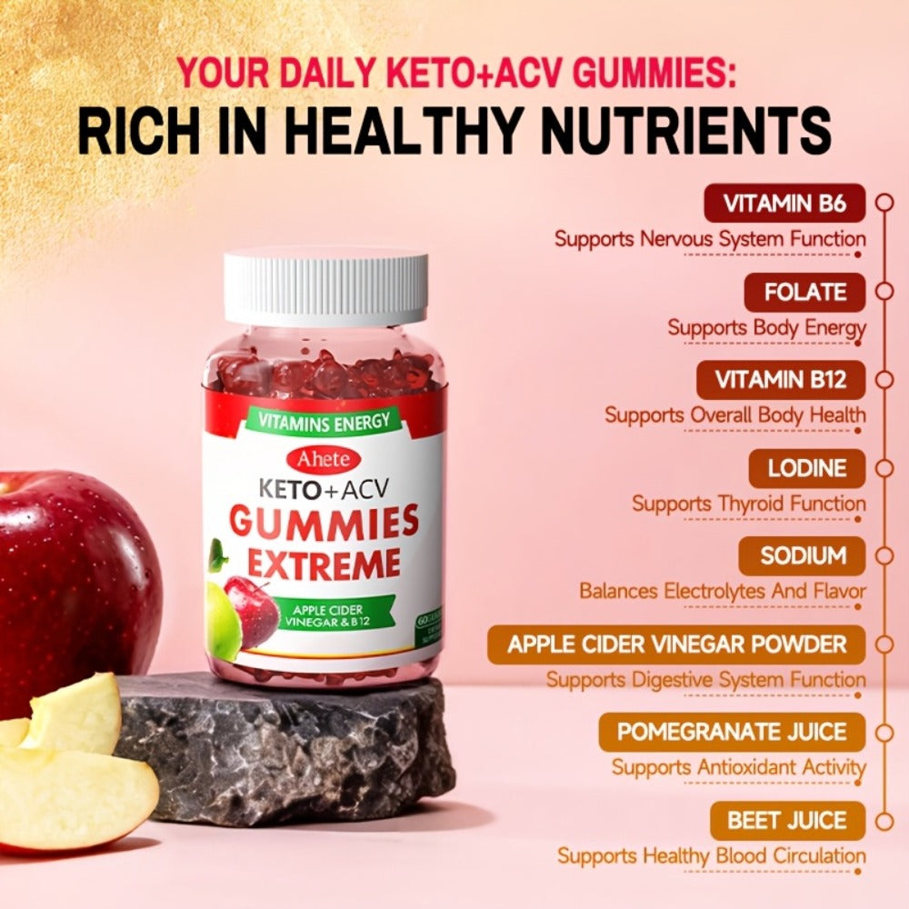 [KETO+ACV]AHETE Apple Cider Vinegar Gummies- Made with Beet Juice, Combined with Vitamin B12, Vegan Formula, Supports Gentle Digestion And Antioxidant Effects. 60pcs Per Bottle, Sufficient for One Month's Supply.
