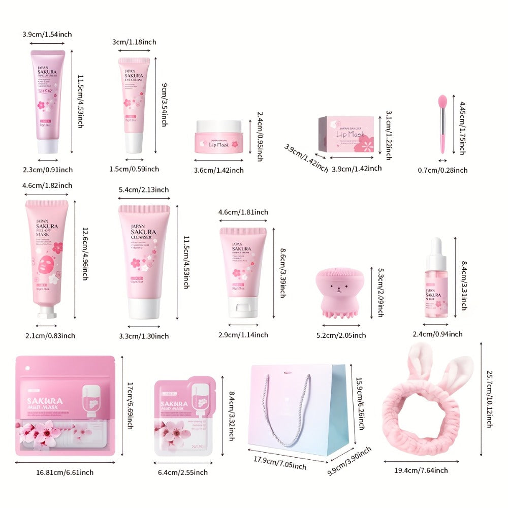 10pcs Japan Sakura Day And Night Skincare Set - Gentle Cleansing Face Wash And Mask, Serum, Eye Cream, Facial Cream, Tone Up Cream, Lips Moisturizer, Mud Mask