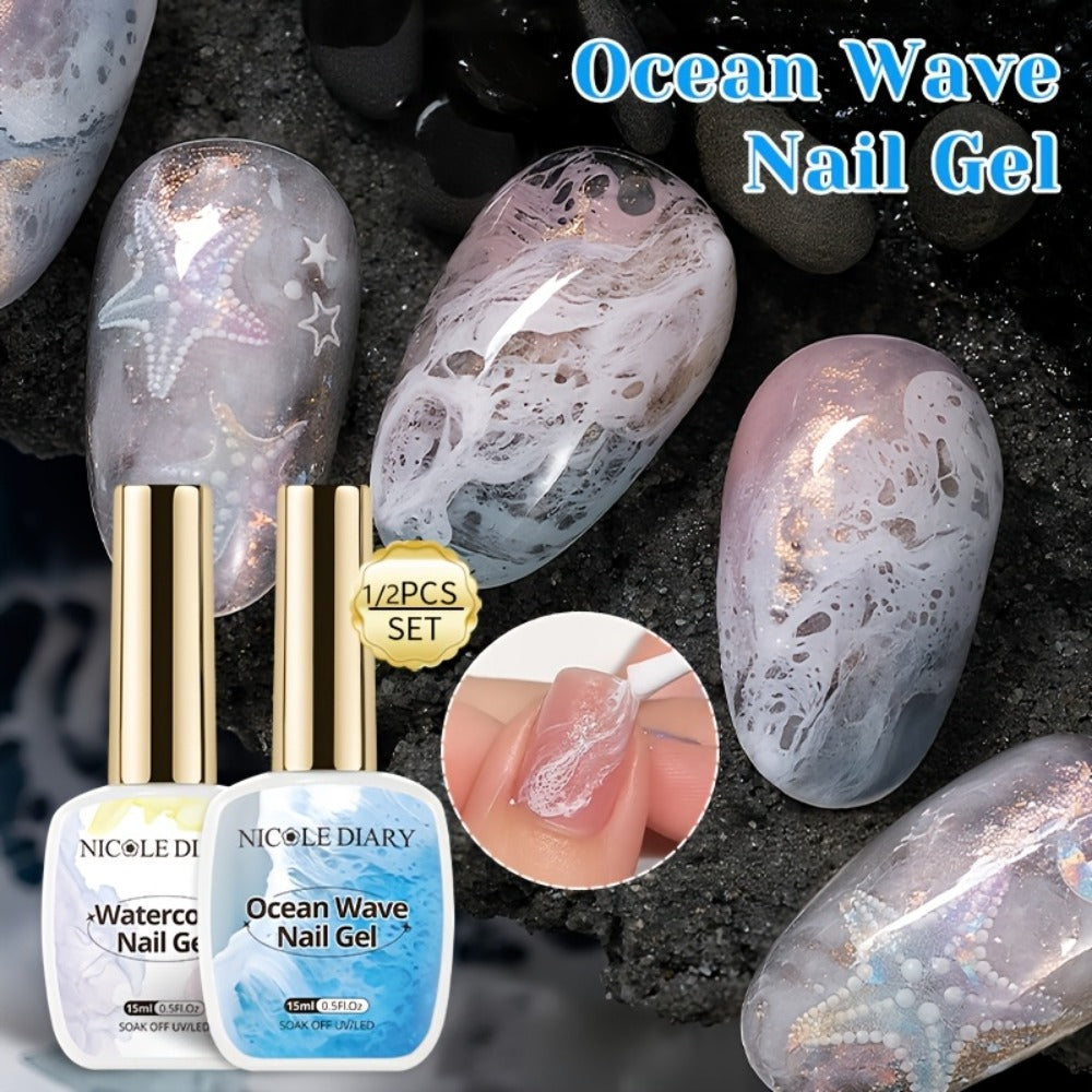 NICOLE DIARY 0.51oz Blue Sea Wave Bubble Gel Nail Polish - Marble Watercolor Ink Nail Art, at Home, Long-Lasting Glossy End, No Resin Remover Needed