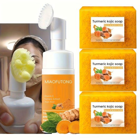 Turmeric Cleaning Kit, 3.38Oz Turmeric Facial Cleansing Foam + 3 Turmeric Soap Bars, Abundant Foam for Cleansing Skin, Brush Applicator Cleanser, Moisturizing And Nourishing, Mild And Non-Irritating