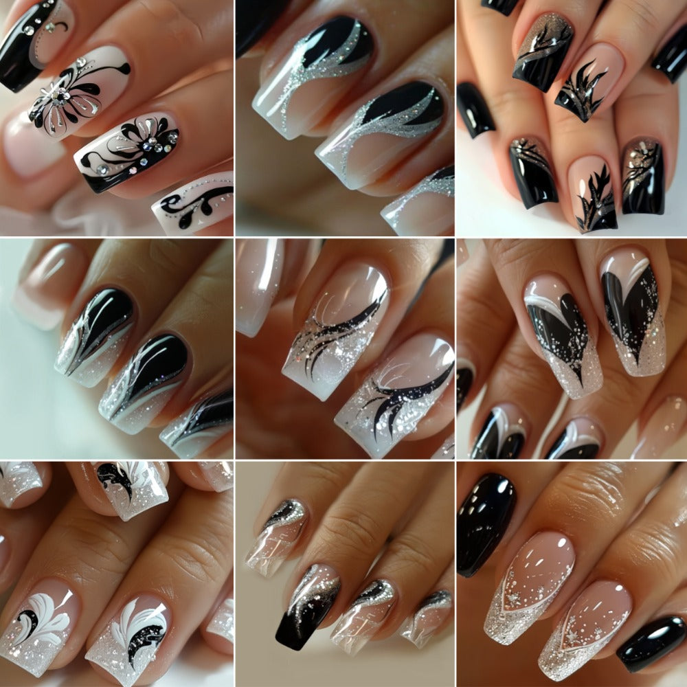 216pcs Elegant Press-On Nail Set in Black & White with Glitter Accents - Includes 3D Butterfly, Floral, And Fox Tail Designs, Medium Square Acrylic Nails for Women & - Comes with Jelly Glue & File, Fashion Nail Art|Elegant Nail Designs|Intricat